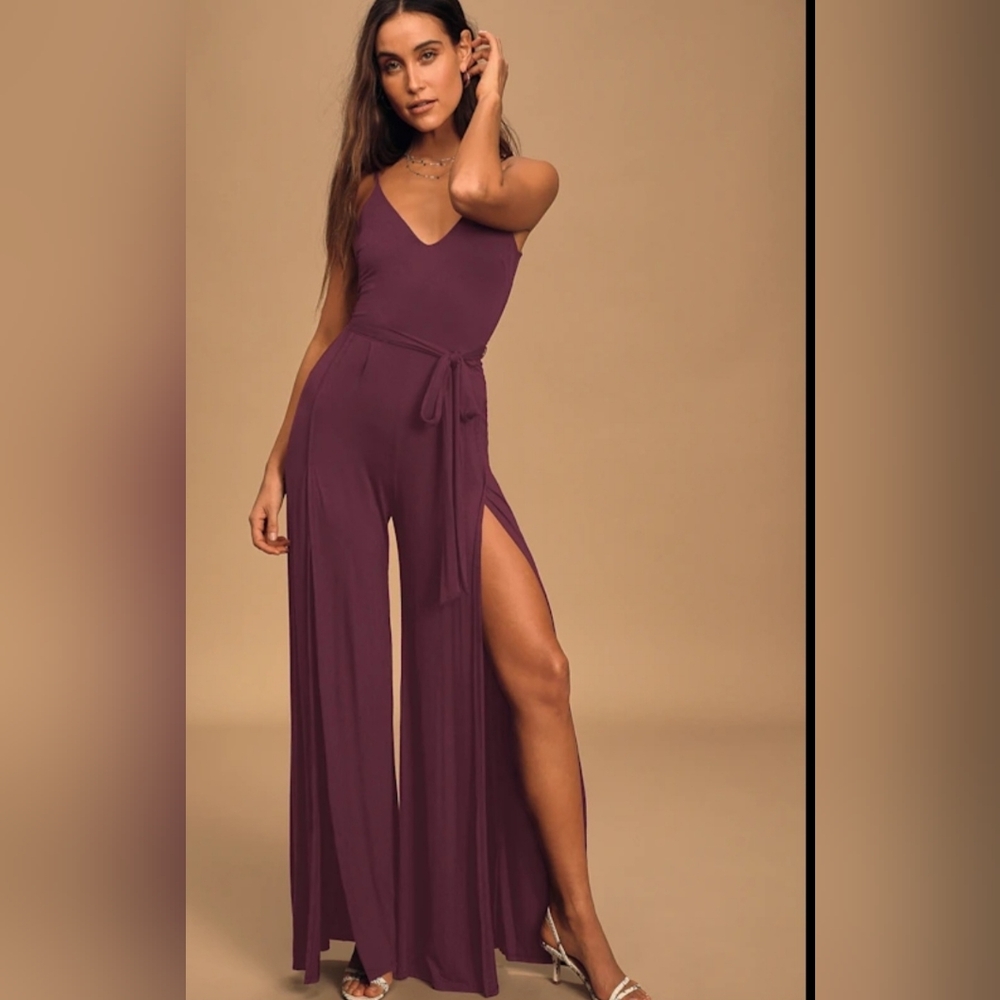 Lulus Plum Purple Wide Leg Jumpsuit XL Slit Leg Sleeveless Modal Tie Waist